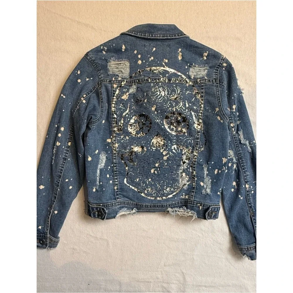 Vintage Havana‎ Denim Jacket Paint Splatter Skull Distressed Girls S